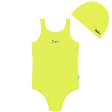 Imagem de Maiô Natação Infantil com Touca Proteção UV50+ Amarelo Neon Kamylus, 3