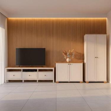 Imagem de Conjunto de Sala com 1 Rack, 1 Estante e 1 Armário Madeira Maciça Anan