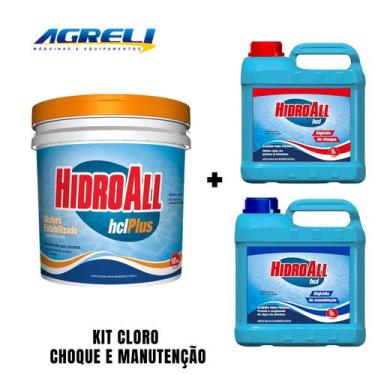 Imagem de Kit 1 Cloro para Piscina HCL Plus 10Kg com 1 Algicida Choque Hcl e 1 l