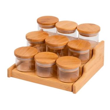 Imagem de Oikos - Kit 9 Potes de Vidro 110ml com Tampa de Bambu Herméticos e Rack Organizador