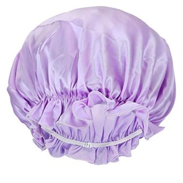 Imagem de Moonsix boné feminino de seda natural para dormir, boné de cetim elástico para cuidados com o cabelo, Purple(Elastic), One Size
