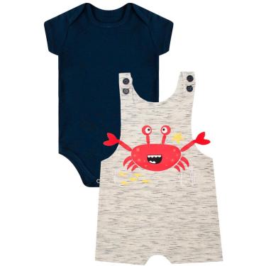 Imagem de Conjunto Bebê Curto Macacão Jardineira em Moletom + Body Manga Curta Fundo do Mar-Masculino