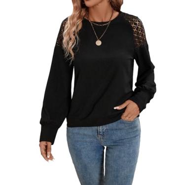 Imagem de SweatyRocks Moletom feminino de malha de renda vazada manga longa gola redonda pulôver camiseta top, Preto, P