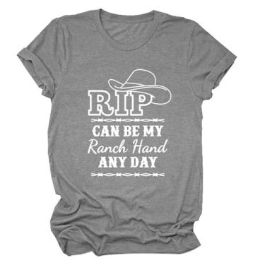 Imagem de Rip Can Be My Ranch Hand Any Day Camiseta feminina com padrão de chapéu jeans engraçado com dizeres estampados camisetas country music pulôver tops, Preto, cinza, G
