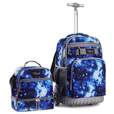 Imagem de Tilami Mochila com rodinhas de 19 polegadas com lancheira mochila para laptop com rodas, Azul galáxia, Large, Conjunto de mochila infantil