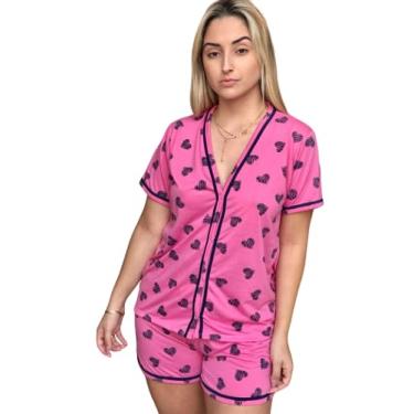 Imagem de Pijama Americano Feminino, Short Doll estampado com blusa aberta com botões, baby doll blogueira (G 42-44)