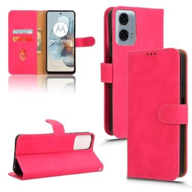Imagem de Compatível com Motorola Moto G34 5G capa com suporte para cartão, capa flip capa de couro PU carteira para telefone com alça de pulso capa protetora à prova de choque (cor: rosa vermelho)