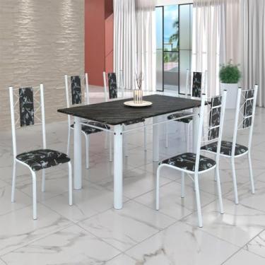 Imagem de Conjunto Sala de Jantar Bahia Mesa Tubo 140x75cm Tampo Pedra Ardósia Indiana com 6 Cadeiras Preto Floral/branco