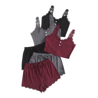 Imagem de SOLY HUX Conjunto de pijama feminino com acabamento em renda, conjunto de pijama com botões e shorts, Preto, cinza, borgonha, G