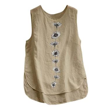 Imagem de Camisetas de linho femininas regatas bordadas Magritte Túnica 2024 verão pétala bordado blusas folgadas confortáveis, Caqui, XXG