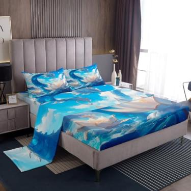 Imagem de Erosebridal Jogo de lençol solteiro azul com dragão, lótus branco, mar, oceano, lençol com elástico, desenho 3D, microfibra