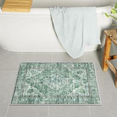 Imagem de Uphome Tapete de banho verde, tapetes de banheiro boho envelhecidos de fazenda, tapetes de banheiro pequenos de veludo superaconchegante, antiderrapante, lavável na máquina, tapete de banheiro para
