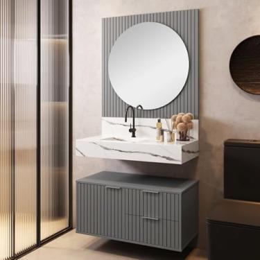 Imagem de Conjunto Para Banheiro Bancada Em Porcelanato Com Cuba Esculpida, Armário e Espelho Ripy 80cm Cinza