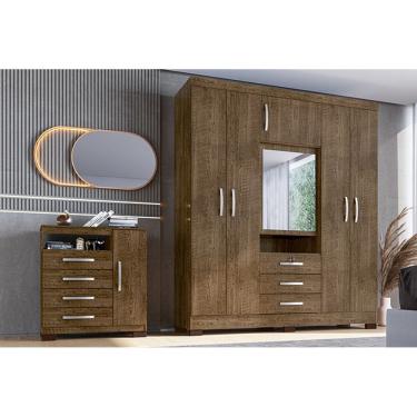 Imagem de Kit Guarda Roupa Casal Roma 6 Portas com Espelho e Cômoda Sapateira 4 Gavetas Aspen Malbec I01- Clique Chique Móveis