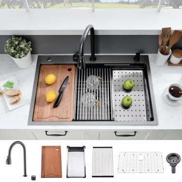 Imagem de SOMRXO Conjunto de pia de cachoeira preta 33 × 22 com torneira - pia de 33 × 22 com torneira, pias de cozinha em cascata de aço inoxidável preto calibre 16, pias de cozinha inteligentes com tigela