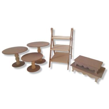 Imagem de Kit Festa 6 Peças Escadinha Mesinha Bandeja Boleira Mdf Cru - ARTESANA