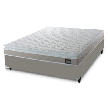 Imagem de Cama Box Casal Queen Colchão Espuma D33 Pillow Top Millenium 158x198x57cm Suede Bege/Branco Hellen – Suporta Até 120 Kg Por Pessoa