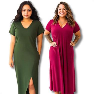 Imagem de Kit 2 Vestido Longo Feminino Midi Liso Com Fenda E Bolsos - Contramão 