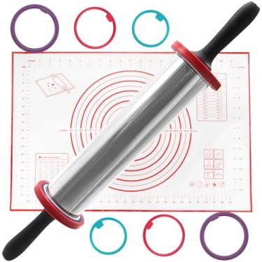 Imagem de SHIKORI Rolo de massa, rolo de massa ajustável com anéis grossos, suprimentos de aço inoxidável para pastelaria de pizza, fondant, torta, macarrão, vermelho