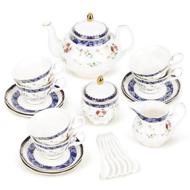 Imagem de fanquare Conjunto de chá Bone China para adultos, 21 peças de renda azul e rosas serviço de chá de porcelana com açucareiro e creme, conjunto de 6 xícaras de chá florais crêmicas inglesas para