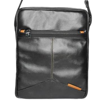 Imagem de Bolsa de couro legitimo transversal estilo carteiro pasta shoulder bag para tablet casual preta e marrom (Preta)