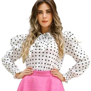 Imagem de Camisa Blusa Feminina Manga Longa Bufante Com Gola Laço Poa - Look Mod