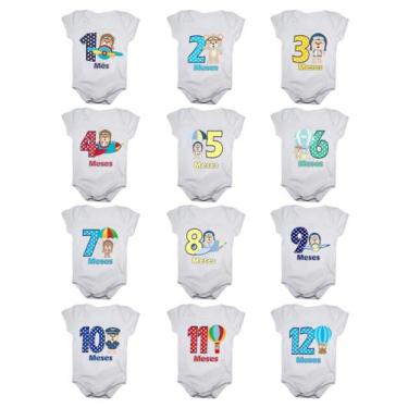 Imagem de Body de Bebê Mesversario Ursinho Aviador Kit Com 12 Bodies de 1 a 12 M