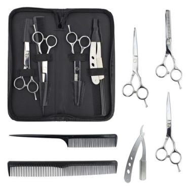 Imagem de Kit Barbeiro Aço Inox Cabeleireiro Tesouras Navalha Pentes Barbearia P