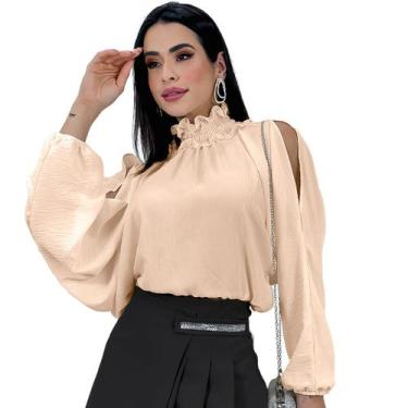 Imagem de Blusa Bata Feminina Gola Alta Manga Bufante Ombro Vazado - Swiss Bouti