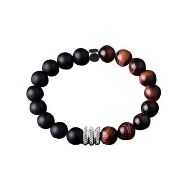 Imagem de Pulseira delicada de proteção tripla fosca olho de tigre pulseira elástica grossa com contas de 10 mm, joia de aniversário para homens, Large, Aço de titânio, Sem Pedra Preciosa