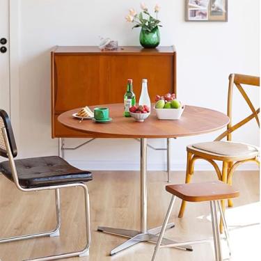 Imagem de NICOKI Mesa de jantar redonda moderna de madeira maciça, móveis de jantar com base de metal cruzada, pequena mesa de madeira marrom para escritório pequena mesa de café para 6 a 10 cm de largura