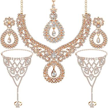 Imagem de Sureio Conjunto de colar de joias de casamento Bollywood de ouro indiano com colar gargantilha com brincos Maang Tikka Conjunto de pulseira de noiva de strass para mulheres casamento festa de formatura, liga, strass, Liga, strass