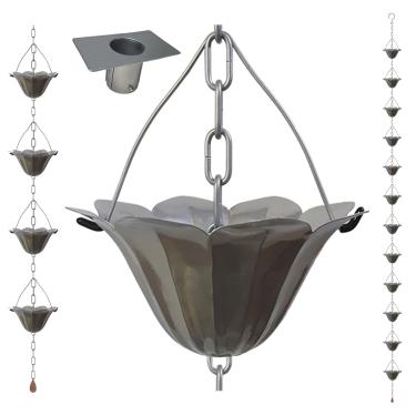 Imagem de LEPTALINA Correntes de chuva prata-lótus para calha de drenagem através de calhas e barril de chuva com adaptador de calha de corrente de chuva - ferro banhado resistente à ferrugem e decoração de jardim de corrente grossa