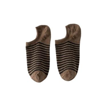 Imagem de chanstore 3 pares - Meias femininas de algodão puro primavera e outono boca rasa invisível verão fino todo algodão antiderrapante listrado meias curtas - café