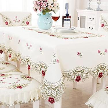 Imagem de LeLehome Toalha de mesa de renda bordada com flores oblongas de 162 x 300 cm, capa de toalha de mesa retangular clássica floral vintage para decoração de cozinha, rosa vermelha