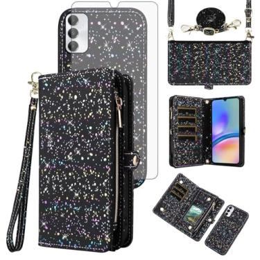 Imagem de Asuwish Capa de celular para Samsung Galaxy A05s/A05 carteira com zíper magnética destacável com protetor de tela de vidro temperado e compartimento para cartão com glitter, suporte para celular Ao5s