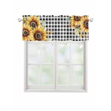 Imagem de Cortina xadrez de verão girassol búfalo para janelas, sanefas de janela florais de fazenda, tratamento de janela com bolso para varão, cortinas para sala de estar/cozinha/quarto/banheiro, 137 x 45 cm