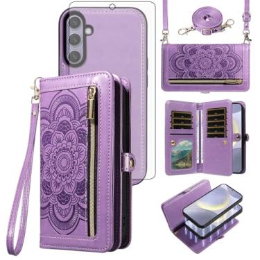 Imagem de Asuwish Capa de celular para Samsung Galaxy S24 Plus S24+ 5G Carteira com zíper magnético destacável com protetor de tela flor flip porta-cartões S24plus 24S + S 24 24+ mulheres homens meninas roxo