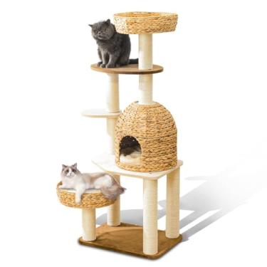 Imagem de SHODMI Torre De Árvore De Gato Moderna Para Gatos Grandes, Móveis De Gato Arranhando Árvore Para Gato Interno, Condomínio De Gato De Jacinto De Água Natural Real, Casa De Gato De Madeira Alta Tecida À