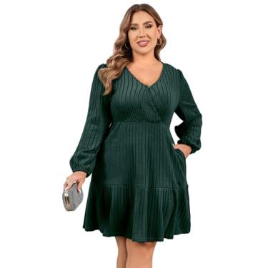 Imagem de Vestido feminino plus size casual gola quadrada manga lanterna longa gravata cintura pulôver pulôver solto, Cinto nº 24 verde-escuro, 3G