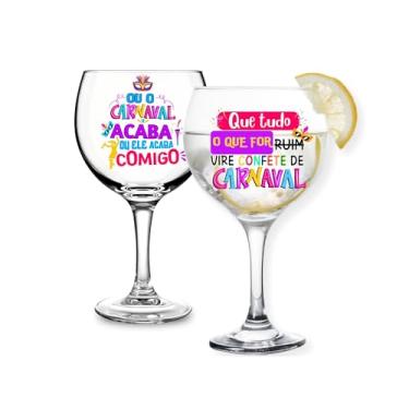 Imagem de Kit 2 Taças Gin/Drinks Personalizada Festa Carnaval 630ml Vidro Transparente C/Frases Bloquinho Humor Taça Decorada Colorida Confete