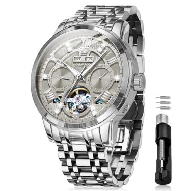 Imagem de OLEVS Relógios automáticos masculinos com corda automática, esqueleto mecânico, vestido luxuoso, aço inoxidável, diamante, relógios de pulso masculinos, G6701: cinza, Tendência