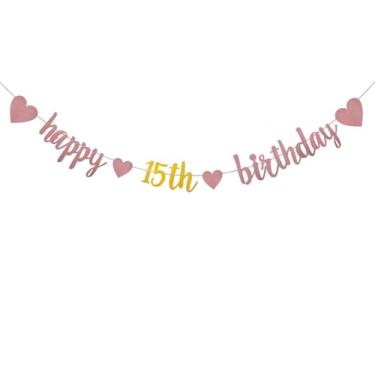 Imagem de WEIANDBO Faixa com glitter brilhante ouro rosa feliz 15º aniversário, pré-amarrada, decorações de festa de 15 anos, feliz aniversário de 15 anos, ouro rosa