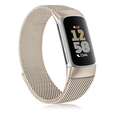 Imagem de Pulseira de metal compatível com Fitbit Charge 6 para mulheres e homens, pulseira de substituição magnética de malha de aço inoxidável para Fitbit Charge 6/Charge 5 Fitness Tracker (champanhe)
