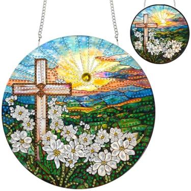 Imagem de Zariocy Kits de decoração de arte de diamante para pendurar na vista da cruz para adultos – Pingente de cristal especial dupla face, pintura de diamante faça você mesmo, pingentes de acrílico para