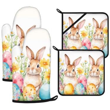 Imagem de Conjunto de luvas de forno e suportes de panela para coelhos da Páscoa, 4 peças, luvas de forno extralongas para cozinha, cozinhar, assar, churrasco, 100% algodão, resistente ao calor