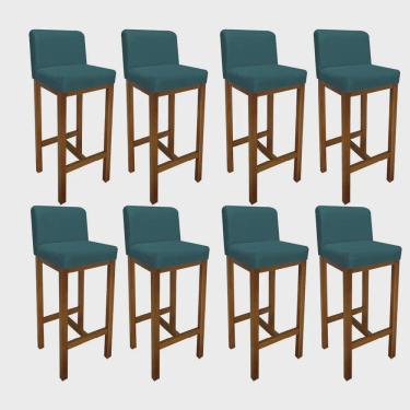 Imagem de Kit 08 Banqueta Alta Com Encosto Aila Cozinha Balcão Bistrô Base Madeira Castanho Suede Azul Turquesa - Ahz Móveis