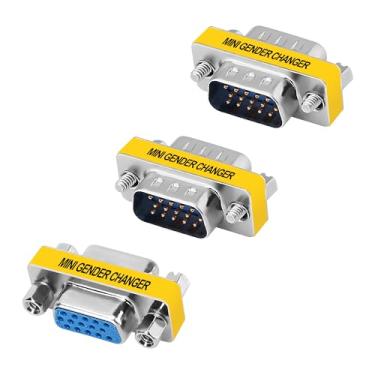 Imagem de Pacote com 3 adaptadores VGA de 15 pinos, conector VGA SVGA macho para fêmea, acoplador fêmea para fêmea, extensor macho para macho, mini trocador de gênero HD15, compatível com 1080p Full HD para