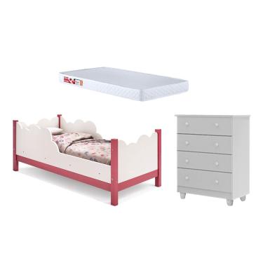 Imagem de Cama Infantil Juvenil Nuvem Colchão Branco/rosa com Comoda Lara Branco