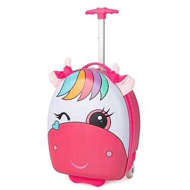 Imagem de Olakids Bagagem infantil, mala de mão com rodinhas de 40 cm para meninas e meninos com rodas giratórias piscando, capa rígida para carrinho de viagem para crianças pequenas, Pônei rosa, Luggage 16'',